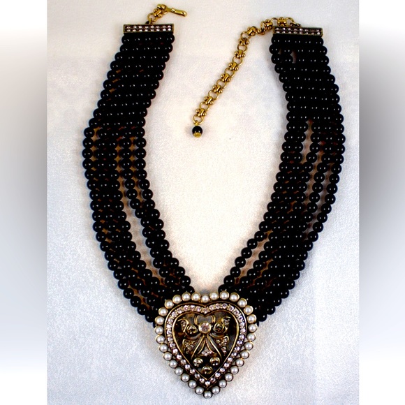 Retired Heidi Daus Black Onyx Bead Necklace with Pearl and Crystal Heart - Picture 3 of 9